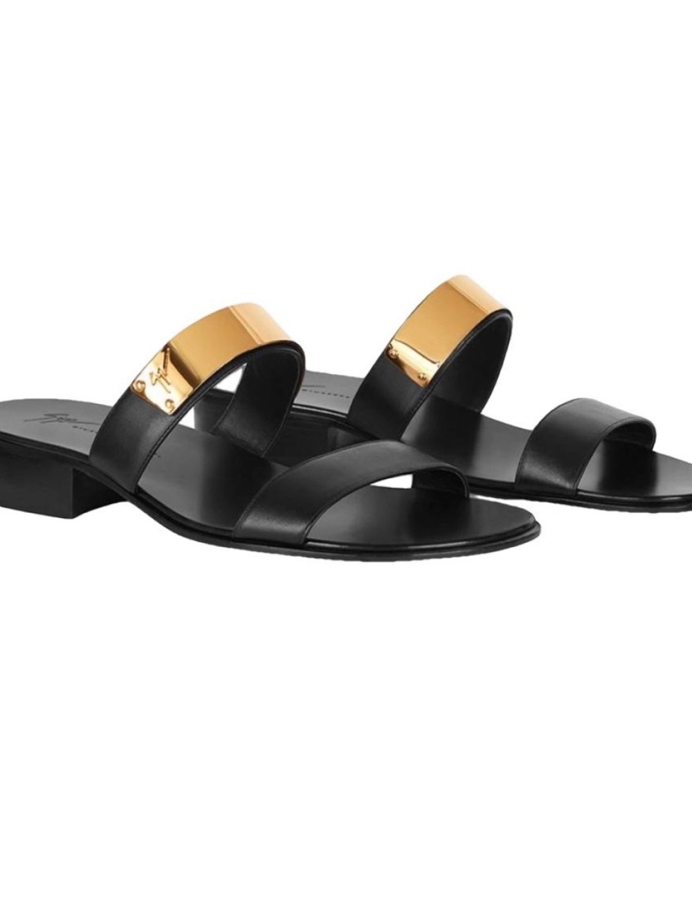 Giuseppe Zanotti Black Leather Slide Sandals with Gold Plate